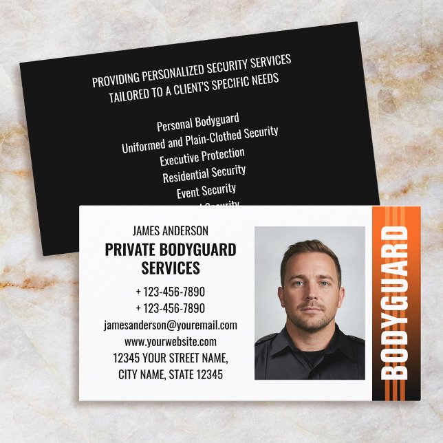 Bodyguard Security Services Guard ID Photo Orange Business Card (Creator Uploaded)