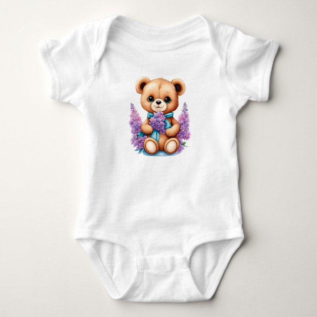 bodysuit for a girl, teddybear, purpleflowers (Front)