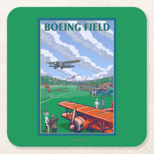 Boeing Field Vintage Travel Poster Square Paper Coaster