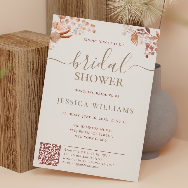 Boemian Flowers With QR Code Bridal Shower Invitation (Creator Uploaded)