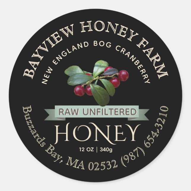 Bog Cranberry Honey Label with Cranberries Black (Front)