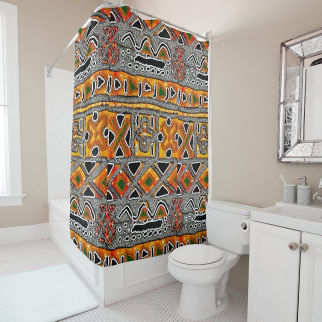 Bogolan Geometric Shower Curtain (In Situ)