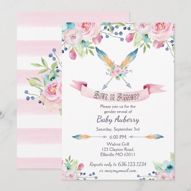 Boh Watercolor Gender Reveal Bows or Arrows Invitation (Front/Back)