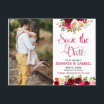 Bohem Chic Burgundy Marsala Floral Save the Date Announcement Postcard<br><div class="desc">Bohemian Burgundy Marsala Floral Save the Date Photo postcard. Chic Bohemian burgundy, marsala, pink watercolor roses, botanical floral arrangement wedding design with green leaves on white background. Feature an elegant handwritten typography „Save the Date” design. You can personalise the front of the announcement with your favourite photo, your names and...</div>