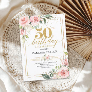 Bohemain boho blush pink floral gold 50th birthday invitation