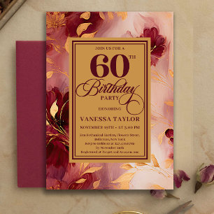 Bohemian 60th Birthday Burgundy Gold Watercolor  Invitation