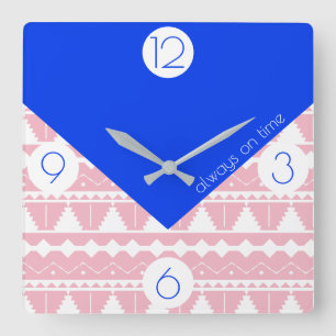 Bohemian Always on Time Blue & Blush Pink Square Wall Clock