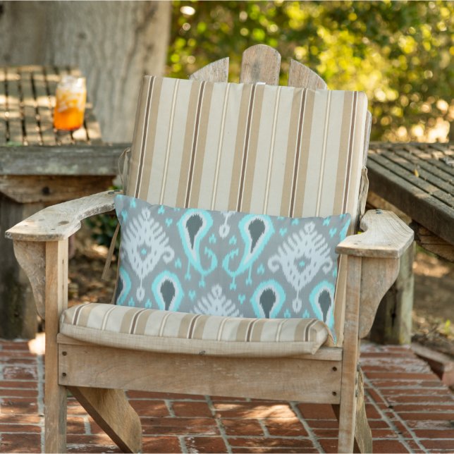 Bohemian Aqua Turquoise Ikat Tribal Art Pattern Lumbar Cushion (Chair)