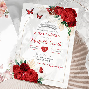Bohemian Arch Red Roses Royal Quinceañera Invitation