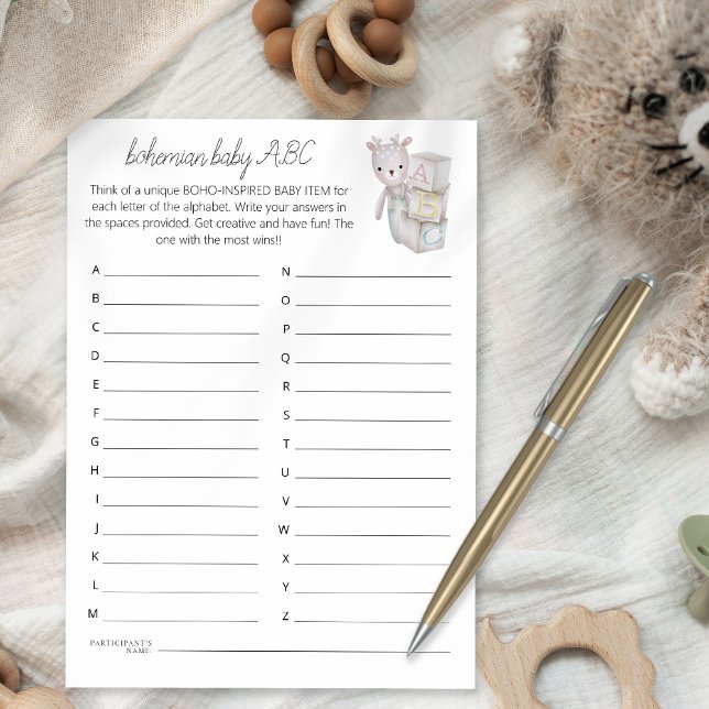 Bohemian Baby Toy Bricks ABC Shower Game Card (Available as a printable digital download or printed)