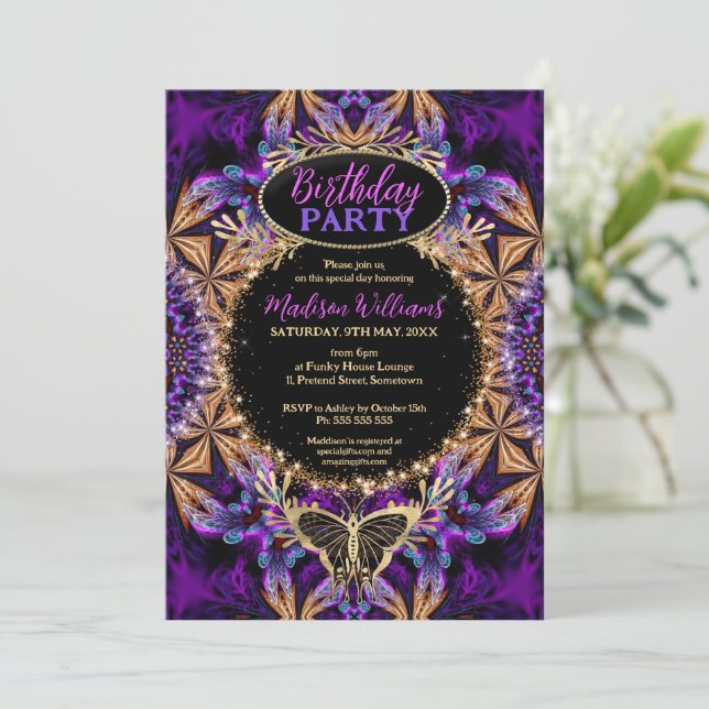 Bohemian Batik Purple Pink Sparkle Birthday Invitation (Standing Front)