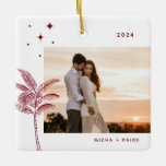 Bohemian Beach Palm Tree Photo Ceramic Ornament<br><div class="desc">Bohemian beach palm tree and stars,  holiday photo ornament in festive red.</div>