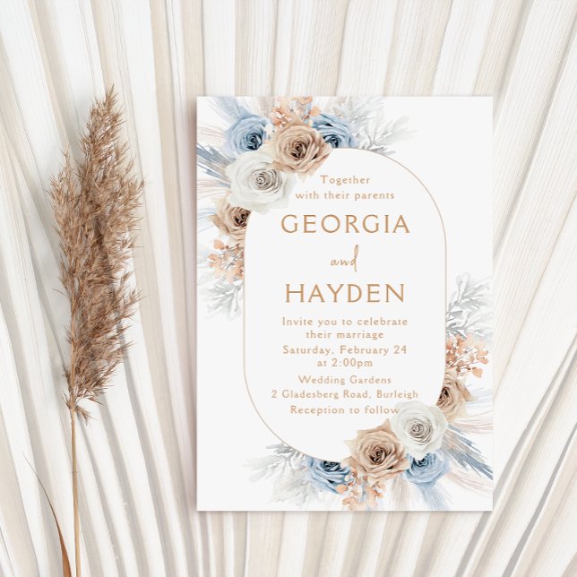 Bohemian Beige & Blue Floral Frame Wedding Invitation (Creator Uploaded)