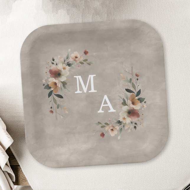 Bohemian Beige Floral Wreath Wedding Monogram Paper Plate (Decorate your celebration table in elegance with our monogrammed plates in 6 chic hues.)