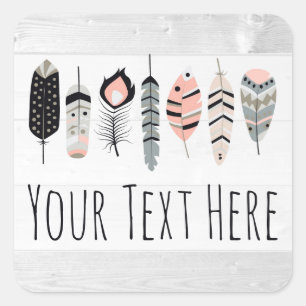 Bohemian Bird Feathers in Blush Pink Tribal Chic Square Sticker