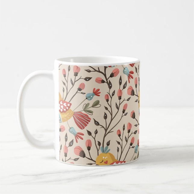 Bohemian Birds & Flowers Pattern – Nature-Inspired Coffee Mug (Left)