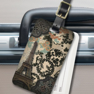 bohemian black floral vintage paris eiffel tower luggage tag