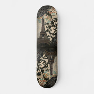 bohemian black floral vintage paris eiffel tower skateboard