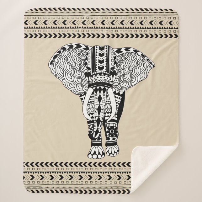 Bohemian Black & White Tribal Elephant Sherpa Blanket (Front)