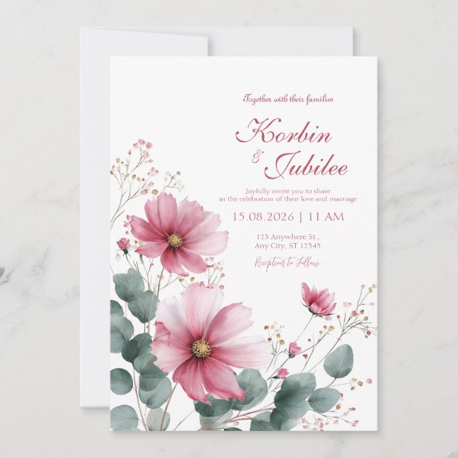 Bohemian Bloom Pink Cosmos Wedding Invitation (Front)