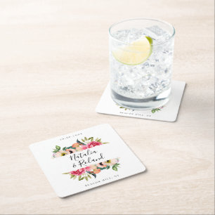 Bohemian Blooms Floral Frame Square Paper Coaster