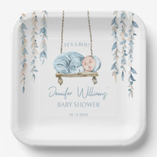 Bohemian blue baby boy shower paper plates