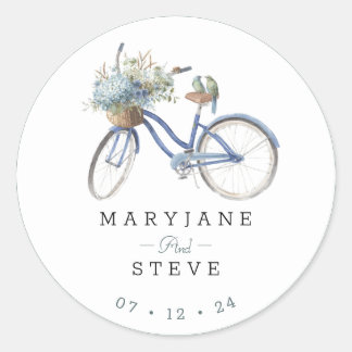 Bohemian Blue Bicycle Watercolor Wedding Classic Round Sticker