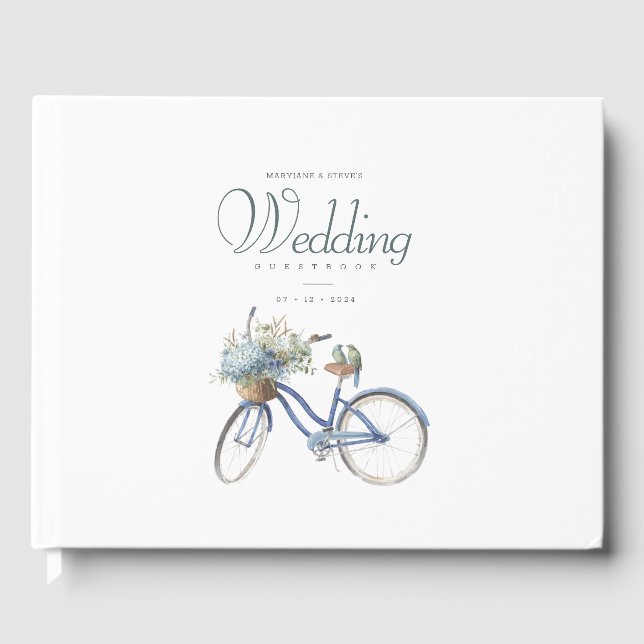 Bohemian Blue Bicycle Watercolor Wedding Guest Book (Front)