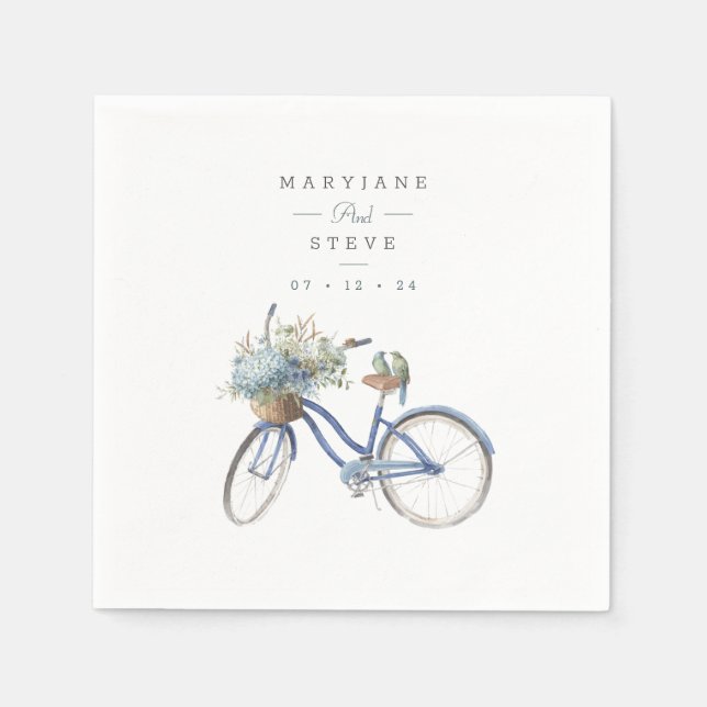 Bohemian Blue Bicycle Watercolor Wedding Napkin (Front)