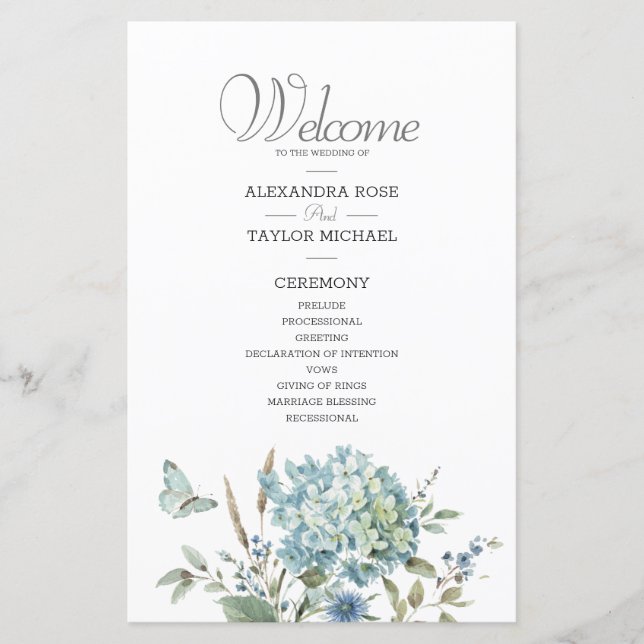 Bohemian Blue Botanical Watercolor Wedding Program (Front)