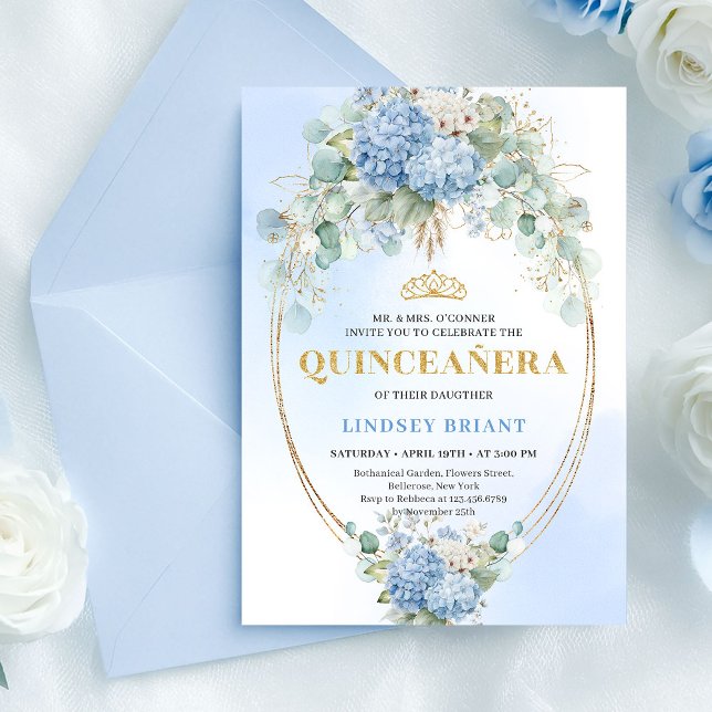 Bohemian Blue Floral Eucalyptus Quinceañera Invite (Bohemian Blue Floral Eucalyptus Quinceañera Invite)