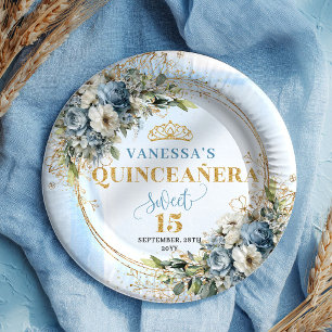 Bohemian Blue Floral Gold Custom Name Quince Plate