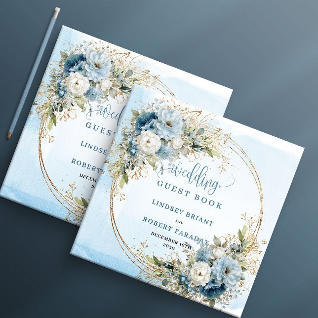 Bohemian Blue Floral Gold Wedding Guest Book (Bohemian Blue Floral Gold Wedding Guest Book)