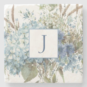 Bohemian Blue Floral Watercolor Bouquet Stone Coaster