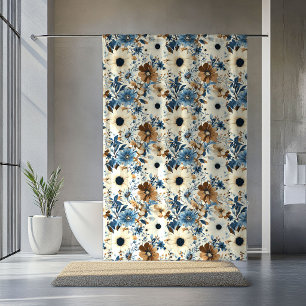 Bohemian Blue Flowers Opulent Brown Floral Curtain