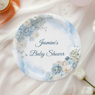 Bohemian Blue Rose Baby Shower Paper Plate
