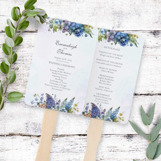 Bohemian Blue-Violet Floral Wedding Program Hand Fan (Creator Uploaded)