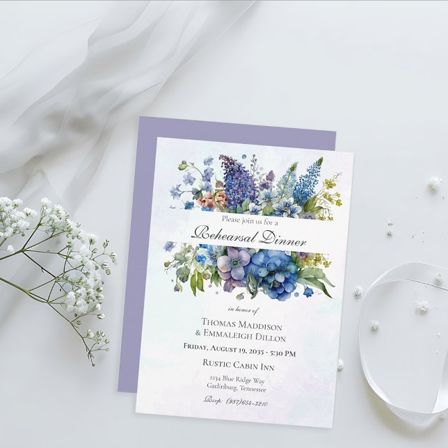 Bohemian Blue-Violet Watercolor Rehearsal Dinner Invitation (Creator Uploaded)