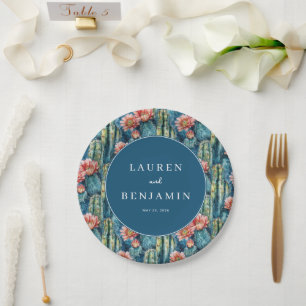 Bohemian Blue Watercolor Cacti Pattern Paper Plate