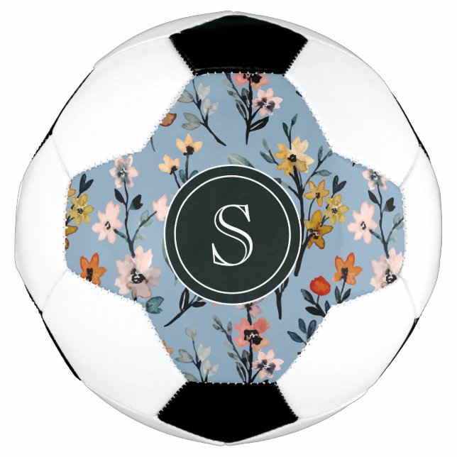 Bohemian Blue Watercolor Floral Monogrammed Soccer Ball (Front)