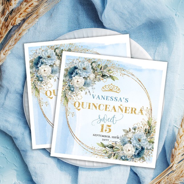 Bohemian Blue Watercolor Flowers Quinceañera Napkin (Bohemian Blue Watercolor Flowers Quinceañera)