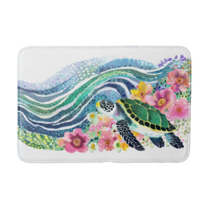 Bohemian Blue Waves Happy Turtle Watercolor Bath Mat