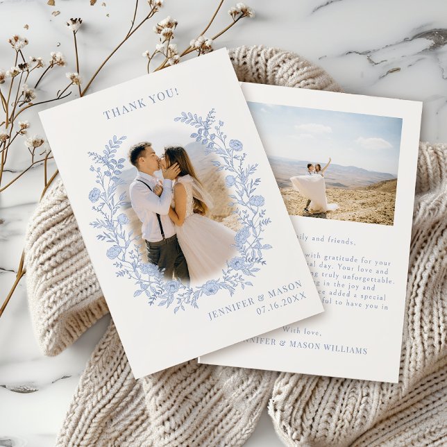 Bohemian Blue Wildflower Classic Wedding Photo Thank You Card (Creator Uploaded)
