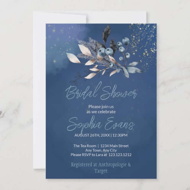 Bohemian Blueberries & Greenery Blue Bridal Shower Invitation (Front)