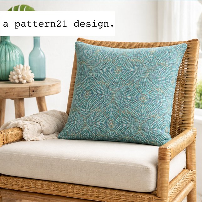 Bohemian blues pattern cushion (Teal mandala pillow brings relaxed island boho style to bright coastal living spaces.)