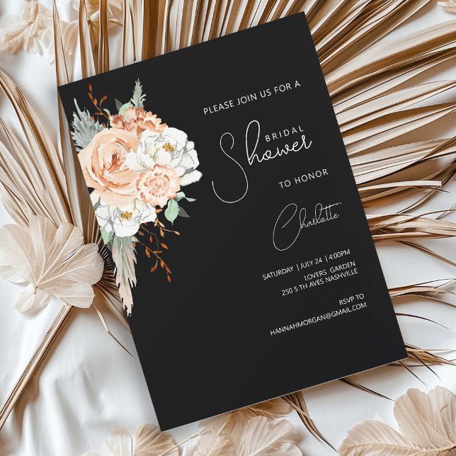Bohemian Blush Brown Greenery Black Invitation (Creator Uploaded)