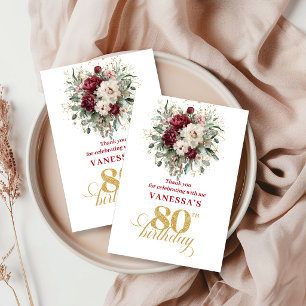 Bohemian Blush Burgundy 80th Birthday Thank You Card