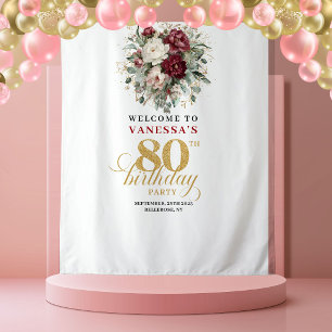Bohemian Blush Floral 80th Birthday Backdrop Tapestry