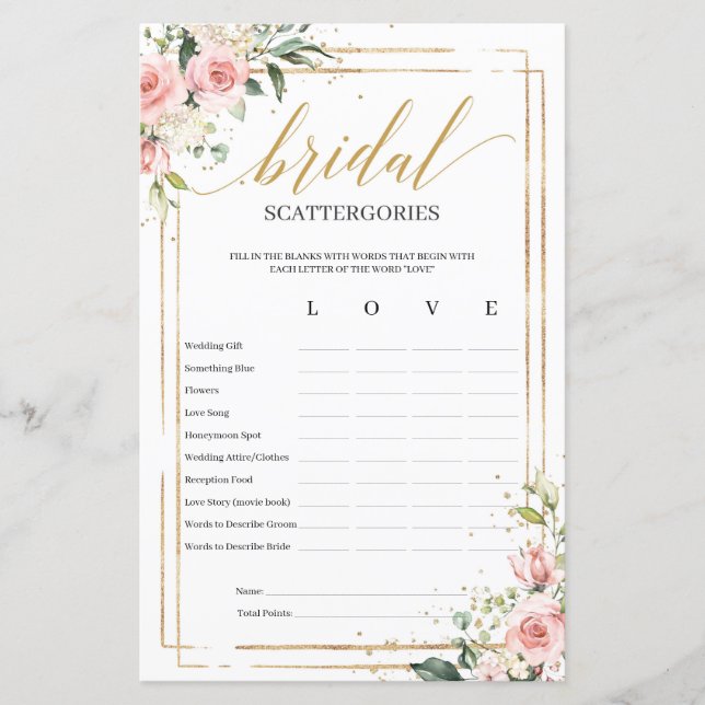Bohemian blush floral Bridal Scattergories game (Front)