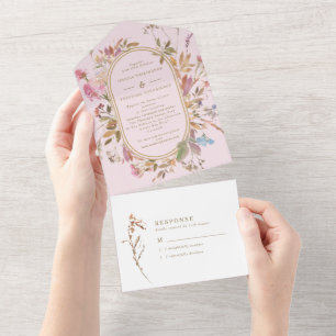 Bohemian Blush & Gold Wildflower Frame Wedding All In One Invitation
